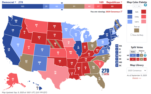 Source: 270 to Win. 2020 Presidential Election Interactive Map. Accessed 13 September 2020: https://www.270towin.com/ .