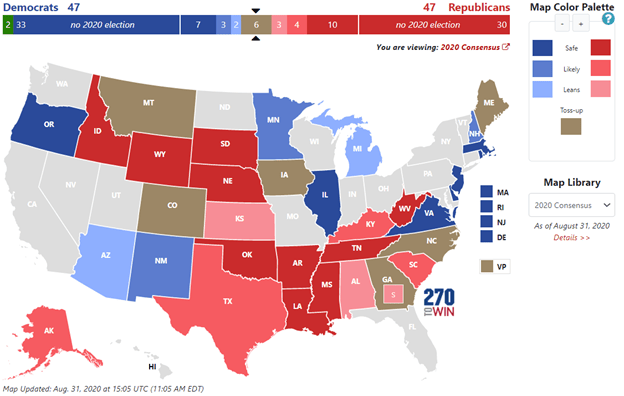 Source: 270 to Win. 2020 Senate Elections: Consensus Forecast. Accessed 13 September 2020: https://www.270towin.com/2020-senate-election/consensus-2020-senate-forecast .